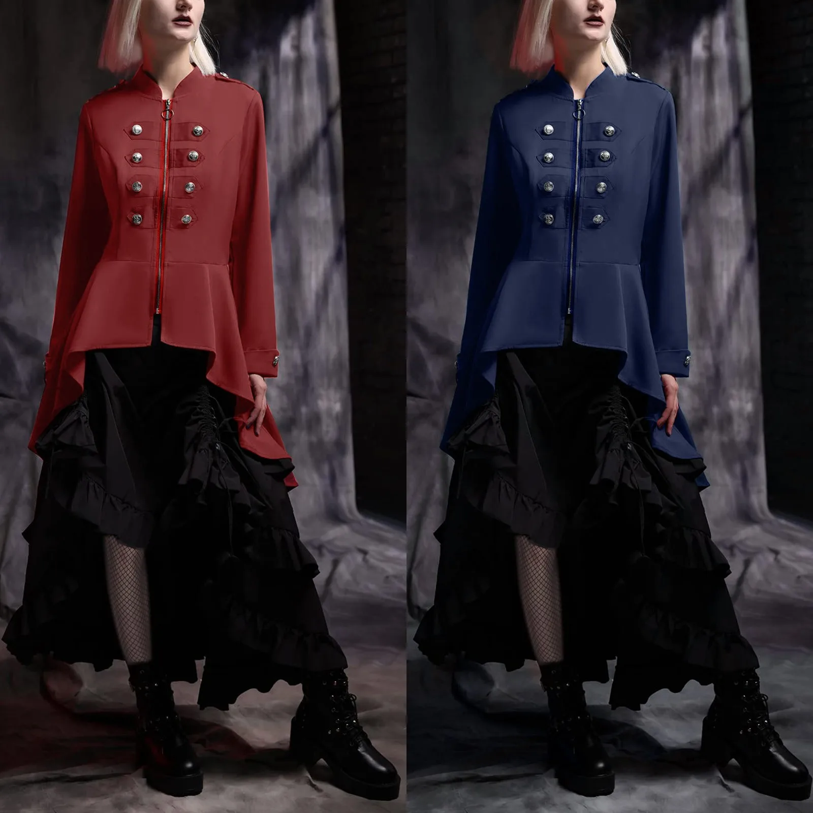 Women's Medieval Steampunk Jacket Renaissance Retro Red Double Breasted Zipper Trench Coat Dress Gothic Slim Overcoat For Women