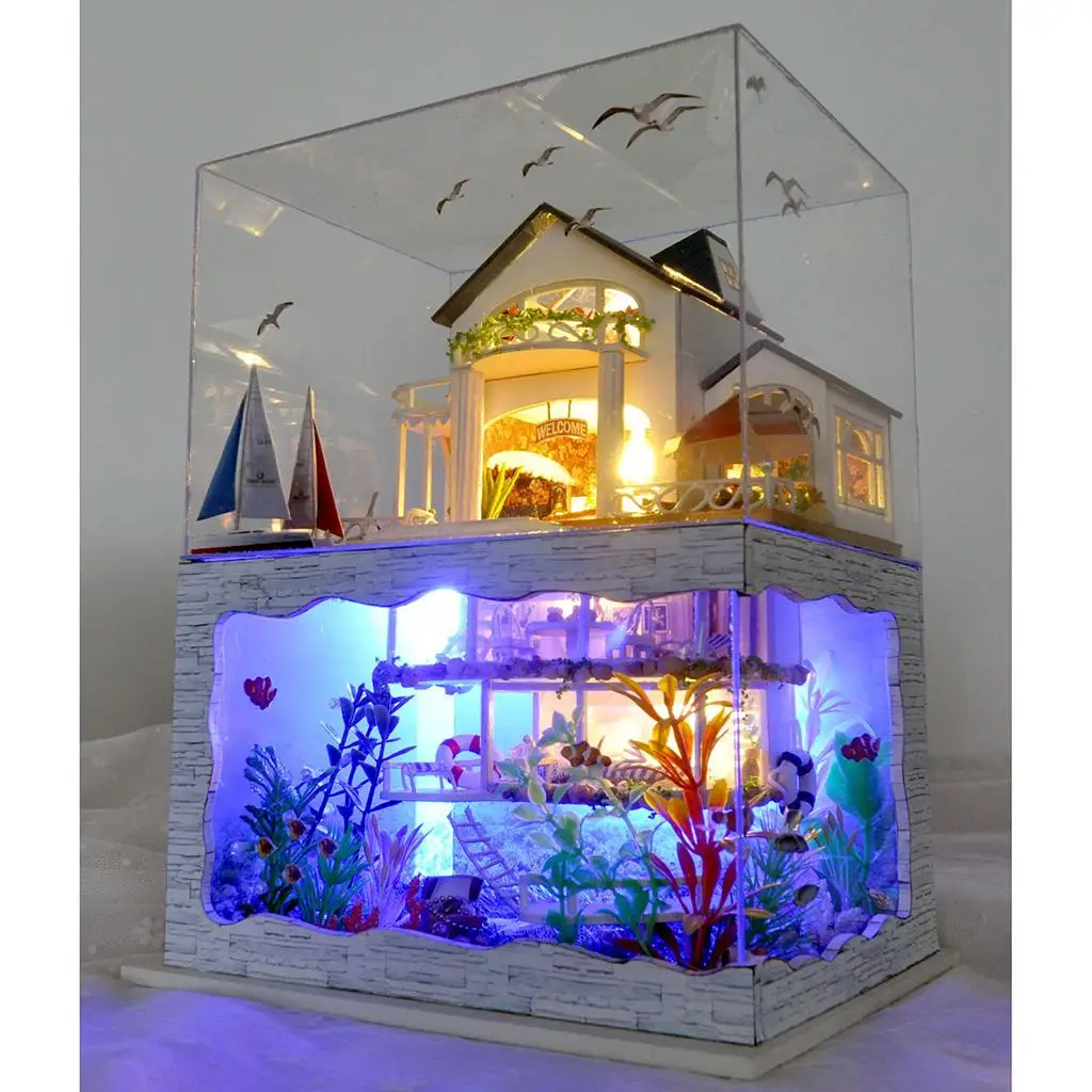 بيت الدمى اليدوية DIY مع الأثاث الرومانسي الحديث على شاطئ البحر فيلا منزل مصغر غطاء مقاوم للغبار Playset مجمعة ذاتيًا #1