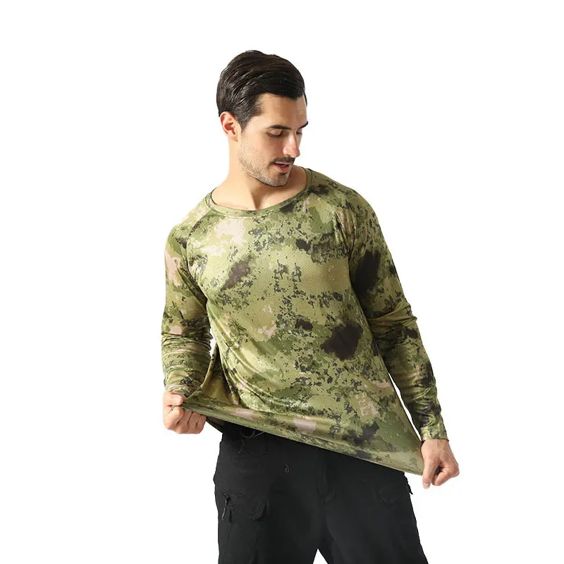 Herren Outdoor Camouflage T-Shirt Schnell trocknende Langarmkleidung zum Wandern Militärische taktische Jagd Camping