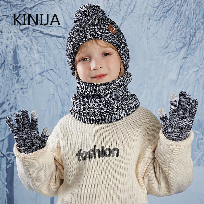 3pc Kids Winter Hat Scarf Gloves Set Unisex Children Beanie Cap Knitted Scarf Cap Ear Protection Fleece Warm Hat Boys Girl