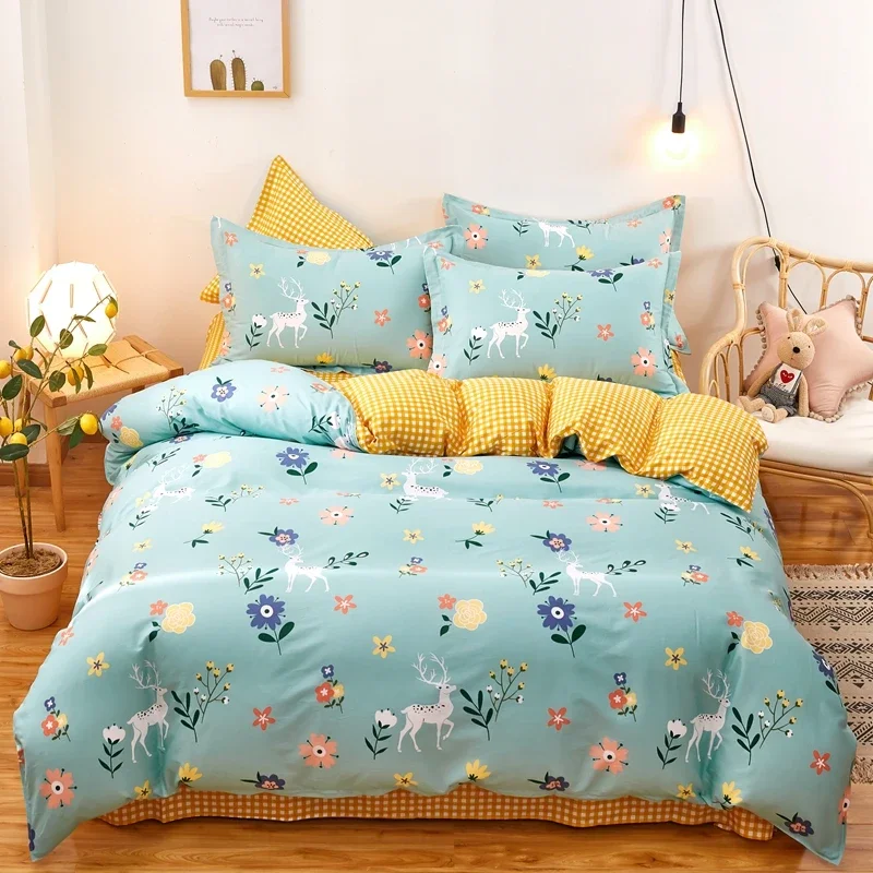 

Floral Cotton Duvet Cover Set, Deer Bouquet Flowers Bloom Art Print Comforter Cover, Decorative Bedding Set with 2 Pillow Shams