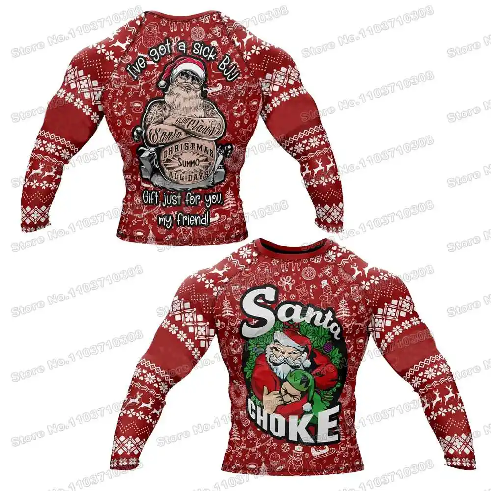 Santa Choke WWF Rash Guards Surfing Jersey Beach Shirts Swimwear Diving Gym Shorts MMA BJJ Men Jiu Jitsu Fitness Sets