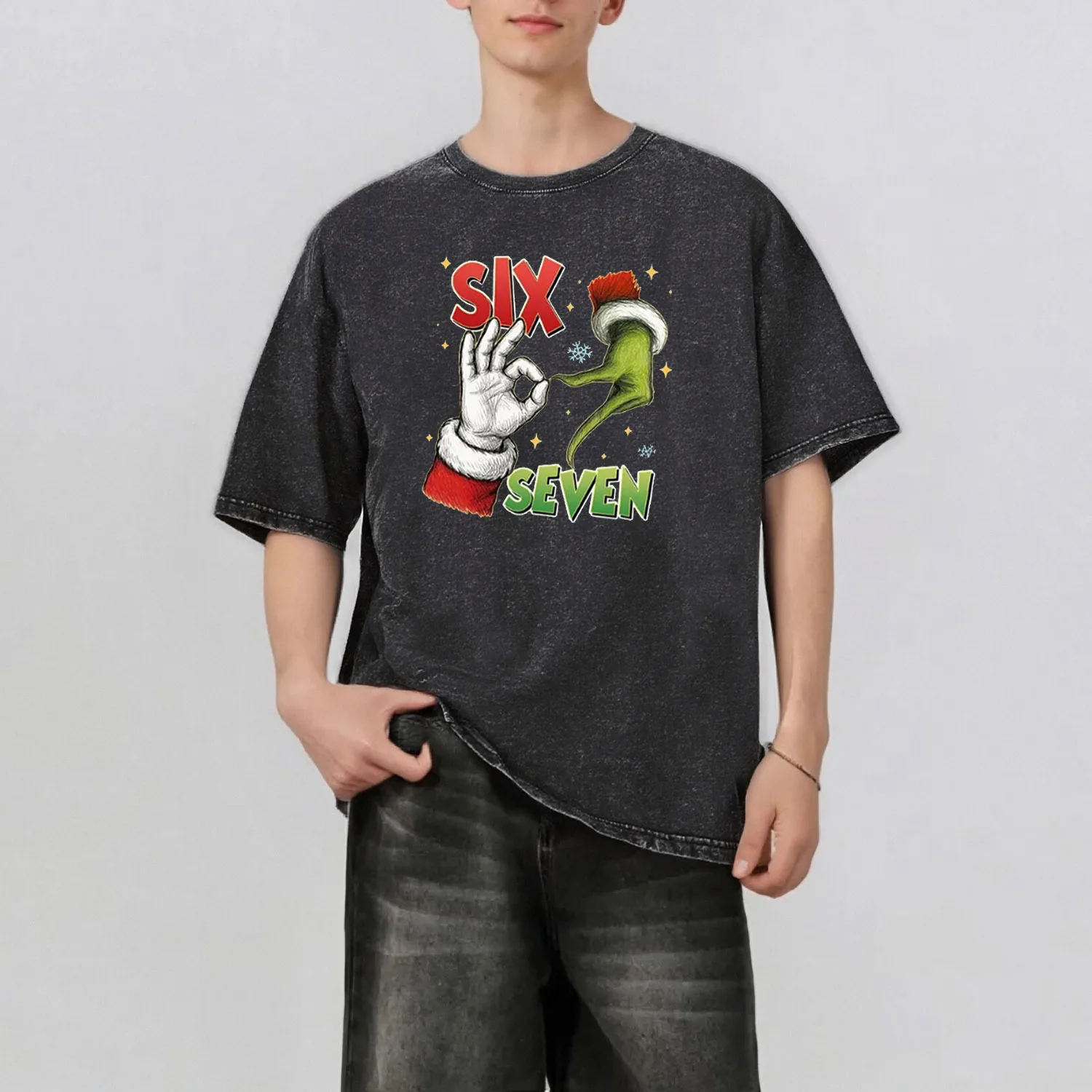 

SIX SEVEN Pattern Rint Men's Summer Retro Style Washed Water T-Shirt Casual Short Sleeved Basic Men's Top 230G