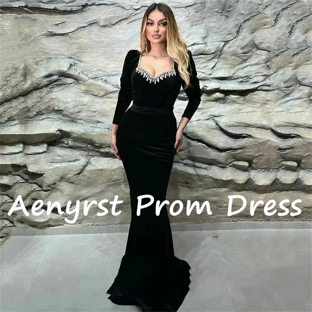 Aenyrst Black Sexy Sweetheart Long Sleeves Prom Dresses Mermaid Velour Bodycon Evening Gowns Floor Length Dinner Party Dress