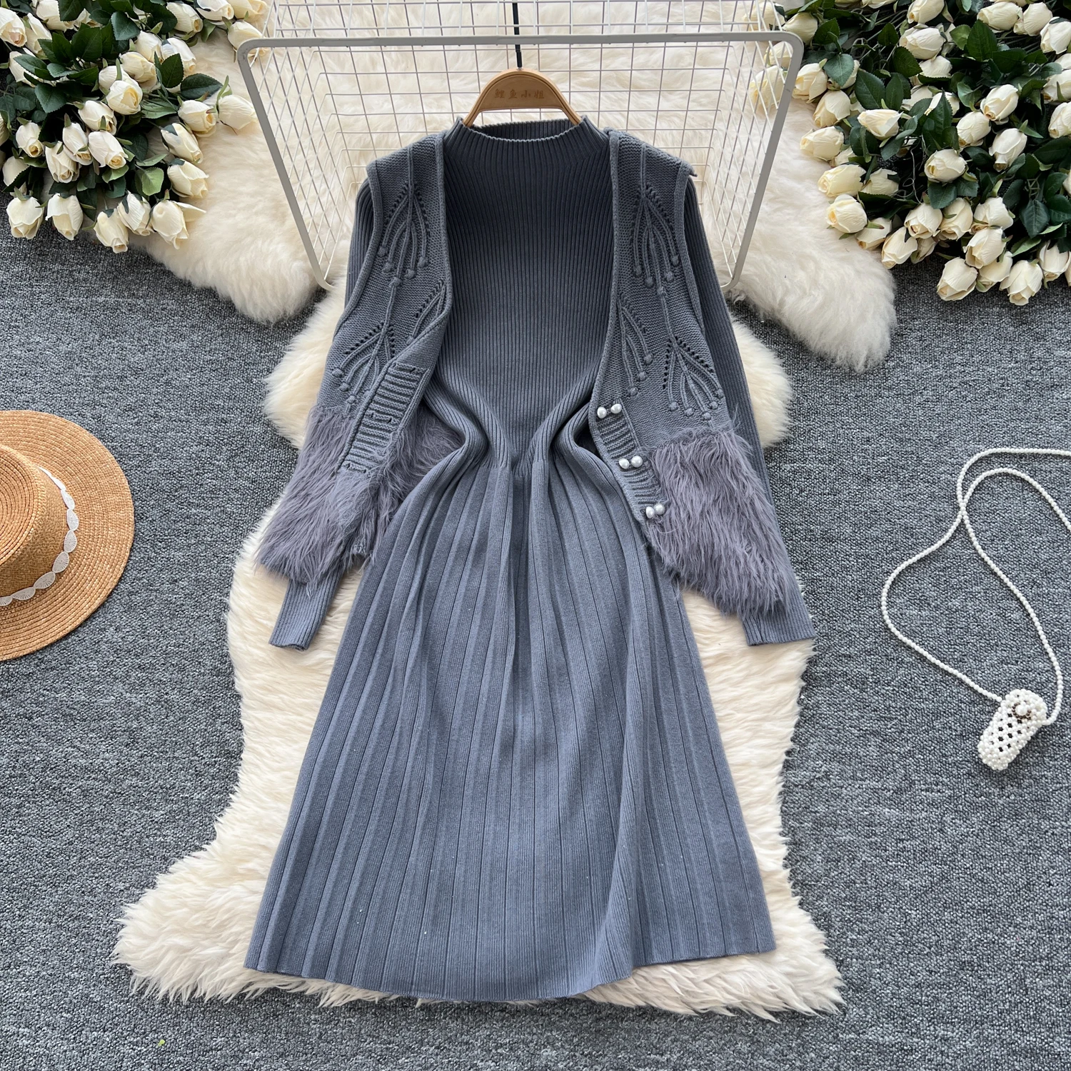 Szykowne damskie dwuczęściowe zestawy Basics O-neck Long Sleeve Knit Dress Slim Open Stitch Pearl Button Vest Elegant Evening Party Clothing