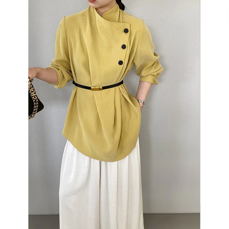 

SuperAen French-style Design Stand-up Collar Asymmetrical Tops Women 2026 Spring and Summer New Belt Shirt
