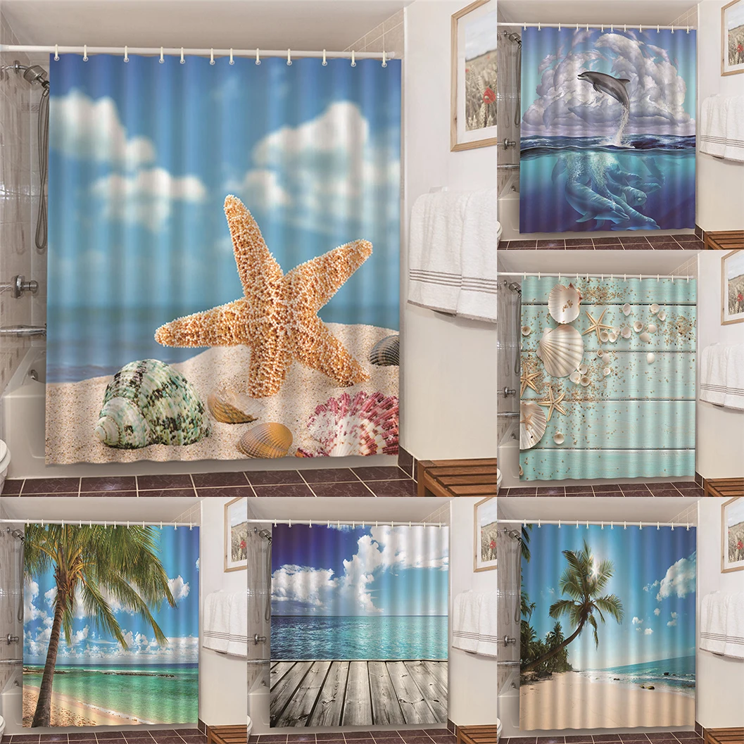 Waterproof Conch Starfish Blue Sea Beach Printing Bathroom Shower Curtain Prevent Peeping Bath Waterproof Fabric Shower Curtains