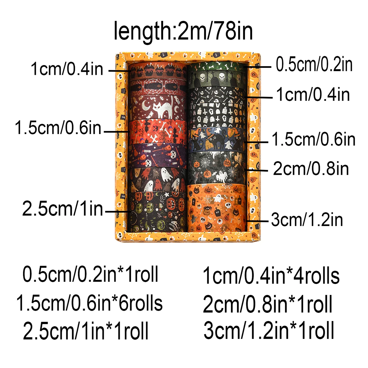 14ロール/箱、絶妙なハロウィーン柄の和紙テープ、独創的なブロンズ加工デザイン、ハロウィーンパーティーDIYデコレーション用