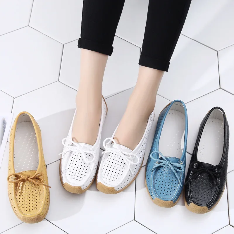 2024 New Women Shoes Moccasins Women Flats Loafers Genuine Leather Female Shoes Slip on Ballet Bowtie Ladies Women\'s Shoes