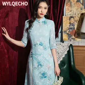 Cheongsam bordado de chiffon feminino, vestido fino médio longo para mãe, vestidos de noite tradicionais, plus size qipao, azul, rosa 10 principais vendas pregnant qipao - №2
