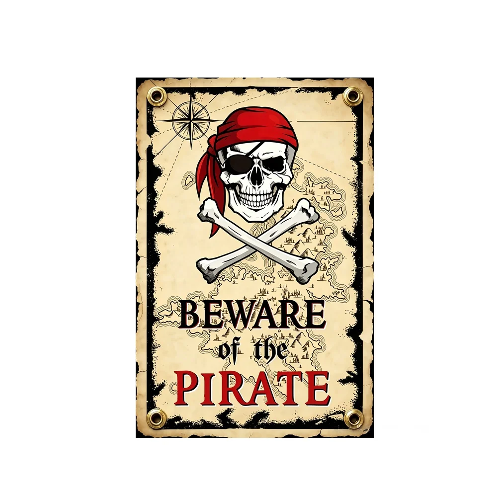 Beware Of The Pirate Skull Flag 2x3ft 3x5ft Polyester Banner Vintage Treasure Map Jolly Roger Wall Hanging Decor