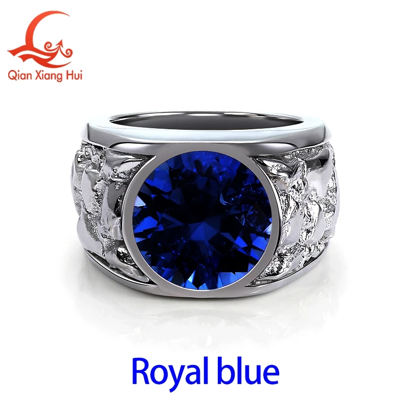 12mm Round Cut Lab Created  Ruby Sapphire Gemstone Men's Ring 925 Silver with Carved Textured Band Statement Ring Gift