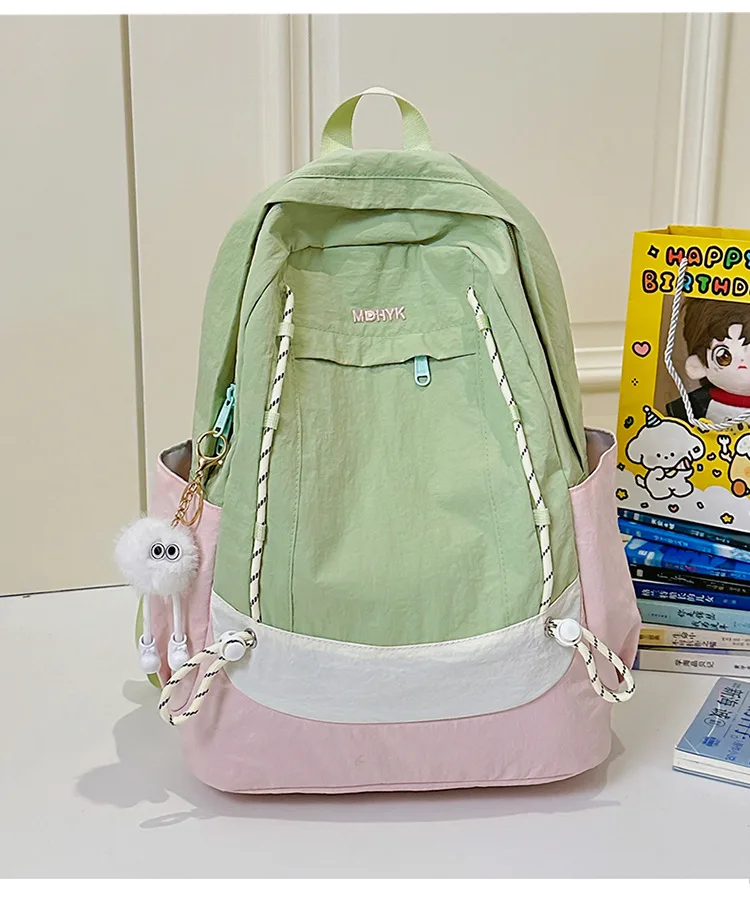 Cute Color Block Backpack Girls Lightweight Nylon Drawstring School Bag Korean Style Casual Travel Student Daypack