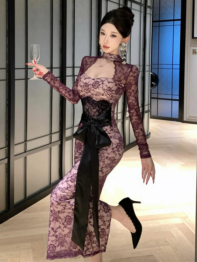 Fashion Women Lace Evening Gown Sheer Cutout Sexy Long Sleeve Bow Belt Bodycon Maxi Long Dress Cocktail Party Prom Robe Vestidos