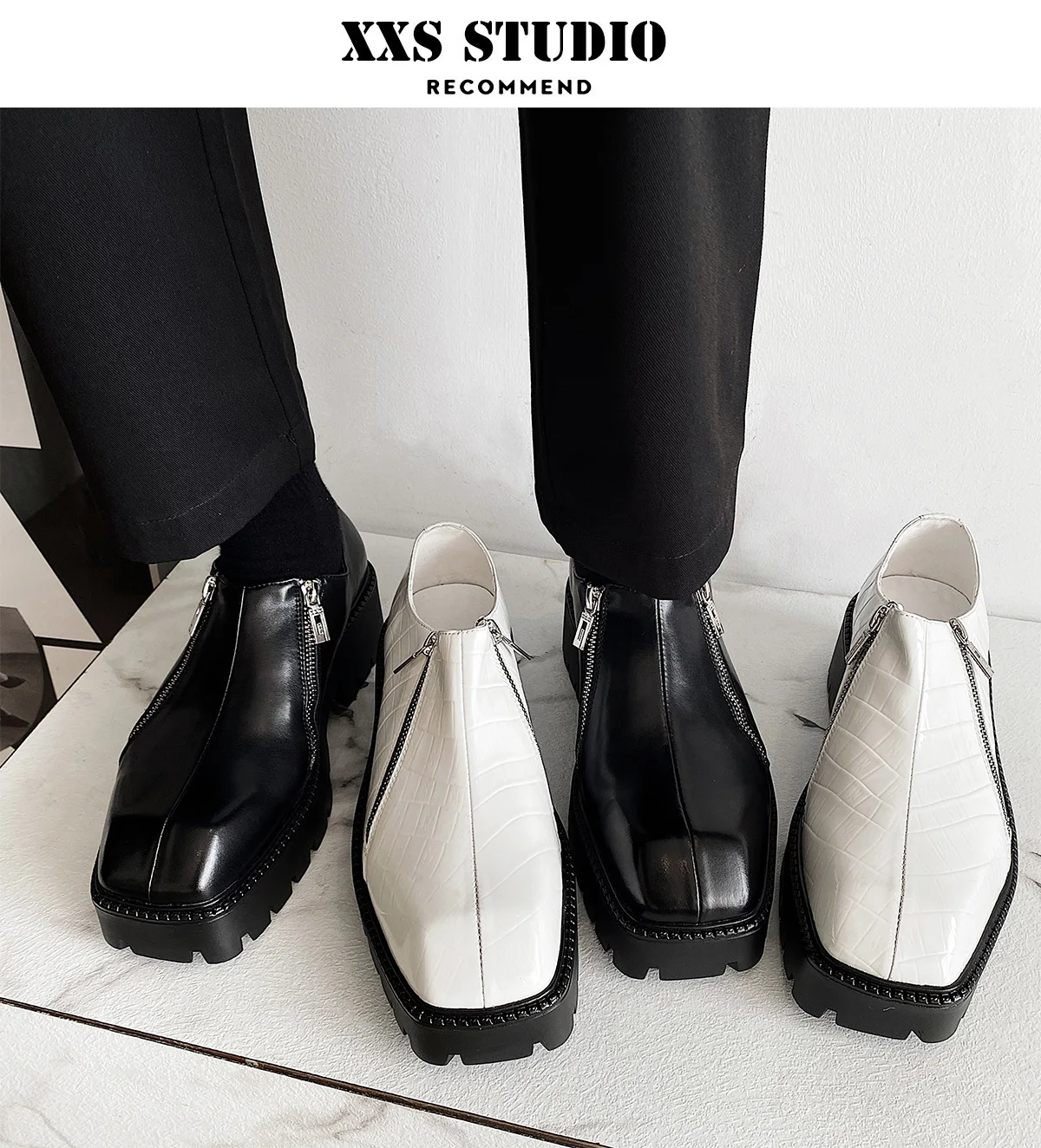 

2025 модные крутые лоферы из мягкой кожи на молнии, мужские корейские кожаные туфли на платформе в стиле ретро с квадратной головкой