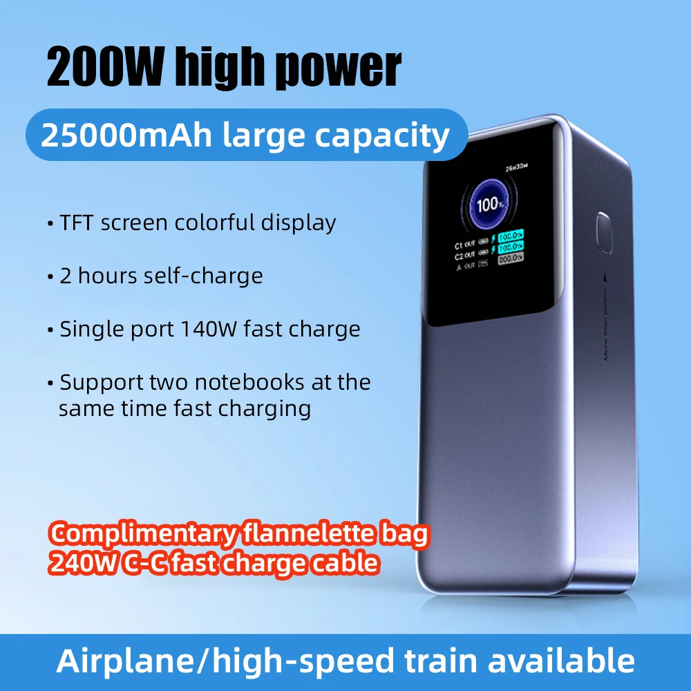 PD3.1 200W 25000mah/20000mah Power Bank 1.54inch TFT Color Screen UFCS PPS100W Laptop Phone Earphone Portable Fast Charging