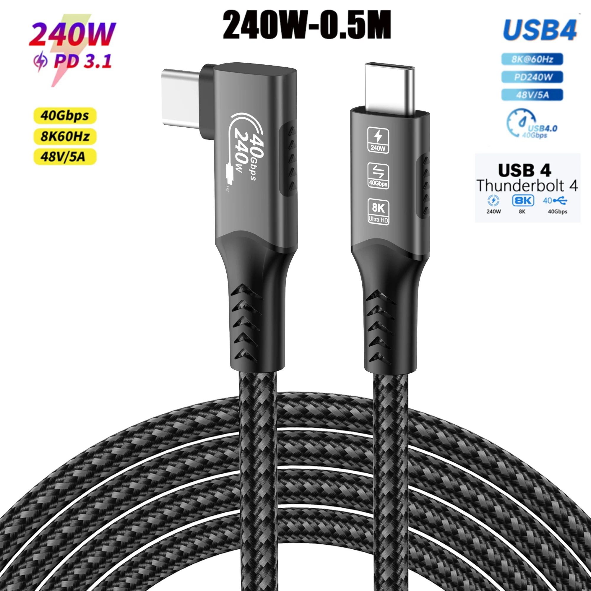 USB4-Kabel 40 Gbit/s 48 V 240 W für Thunderbolt 4 Typ-C Schnellladekabel Thunderbolt 3 USB-C-auf-C-Datenübertragungskabel für Laptops