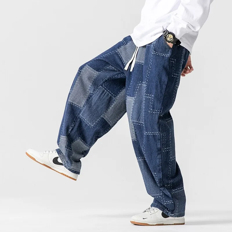 Japanese Loose Patch Jacquard Jeans For Men Spring Summer Casual Fashion Retro Male Elastic Waist Wide Leg Denim Pants