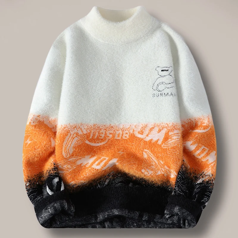 

Thiened Woolen Knitted Sweater for Men f High Collar Bear Print Casual Faion Autumn Winter Warm Base Layer irt