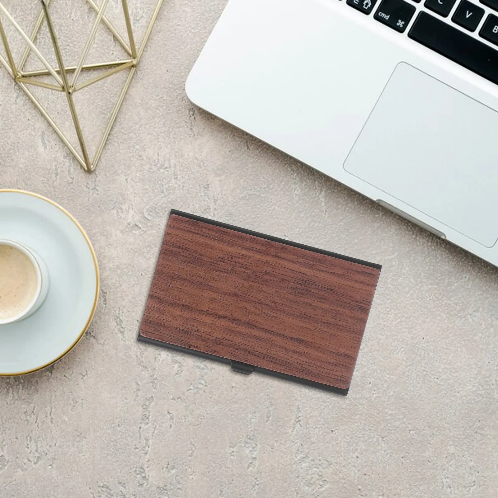 Wood Grain Metal Business Card Holder Elegant Sleek Office Desk Organizer Compact Portable Card Display for Men Women