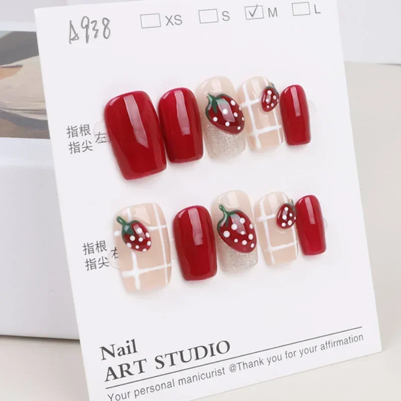 

Handmade Strawberry Press-On Nails Red Checkerboard Design Sweet False Nails Reusable Full Cover Nails Suitable for Women&Girl