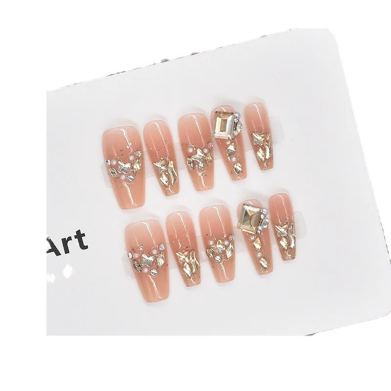新しいシャンパンロングスタイルの高級ネイルプレスオンネイル