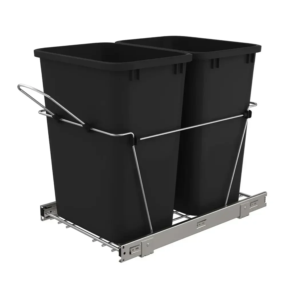 35-Quart Double Pullout Trash Bin with Lip Top Lid in Black