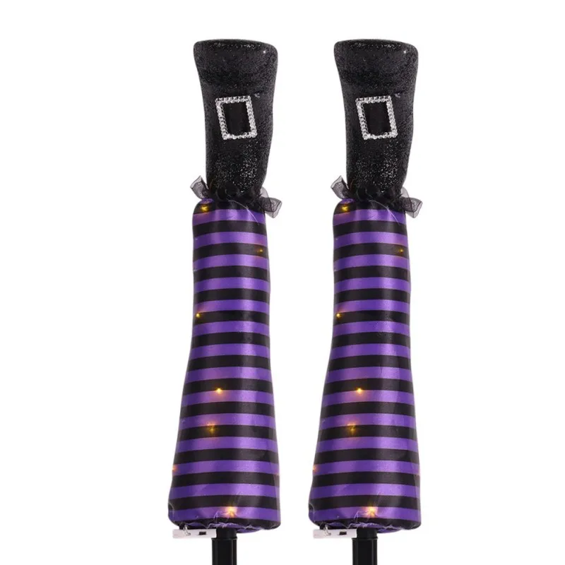 2PCS Halloween Witch Legs Yard Stake Light Upside Down Stripe LED Evil Witch Legs Light for Yard Lawn Garden