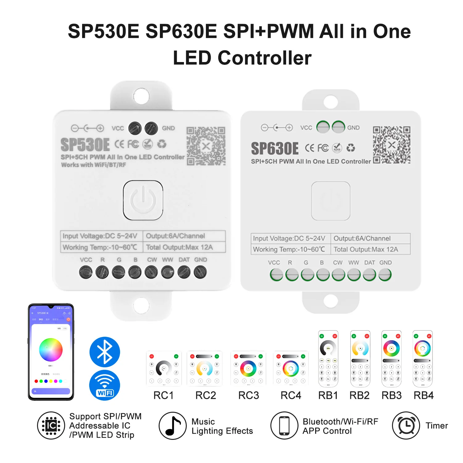 All In One LED Controller SP630E BT APP SP530E Wifi Alexa Google Control 5CH PWM SPI Pixels LED Strip WS2811 WS2812B SK6812