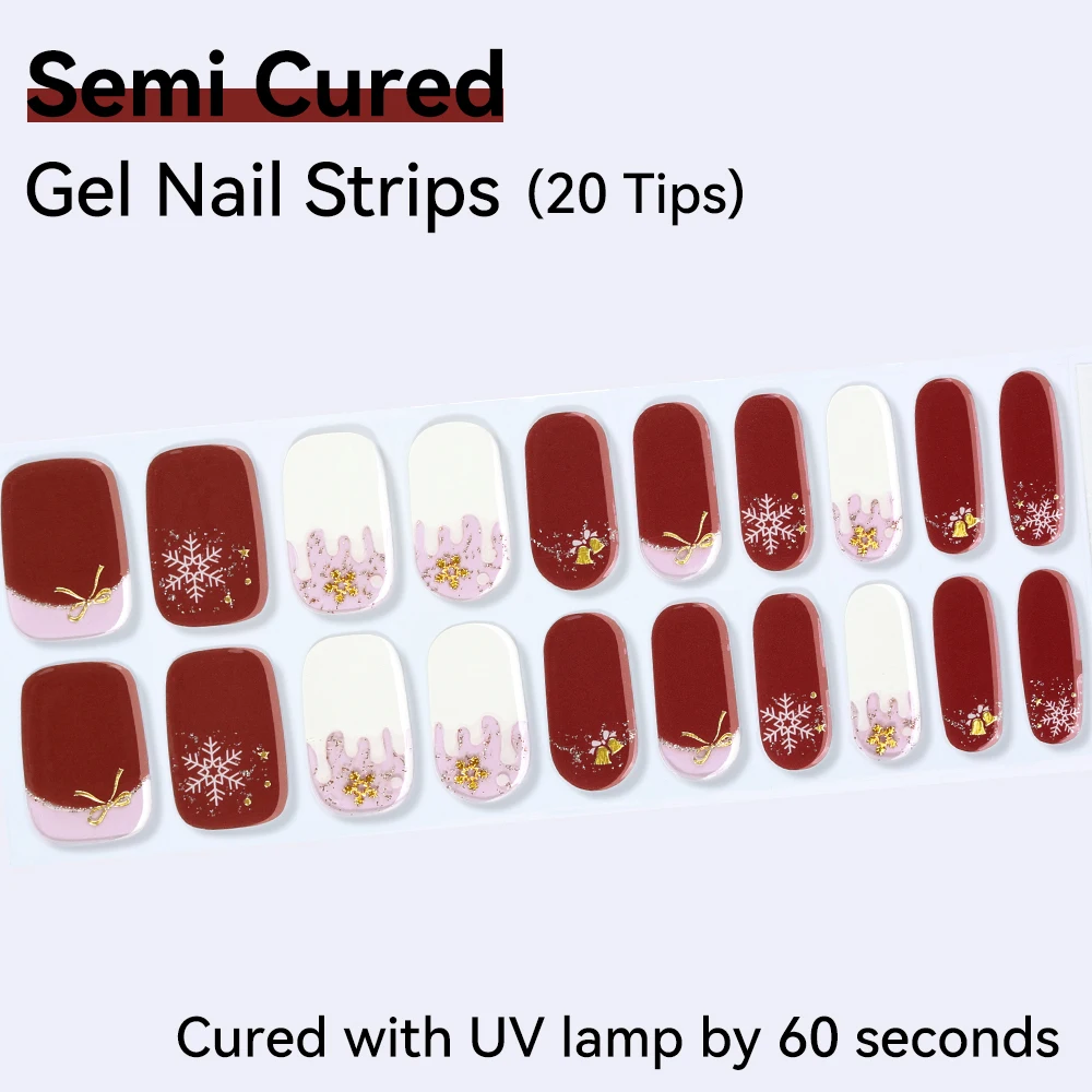 20 Tipps rote Weihnachts-Gel-Nagelaufkleber, Schneeflocken, Stern, Glitzer, Linien-Design, backfreie Nagelfolien, selbstklebender Weihnachtsnagel