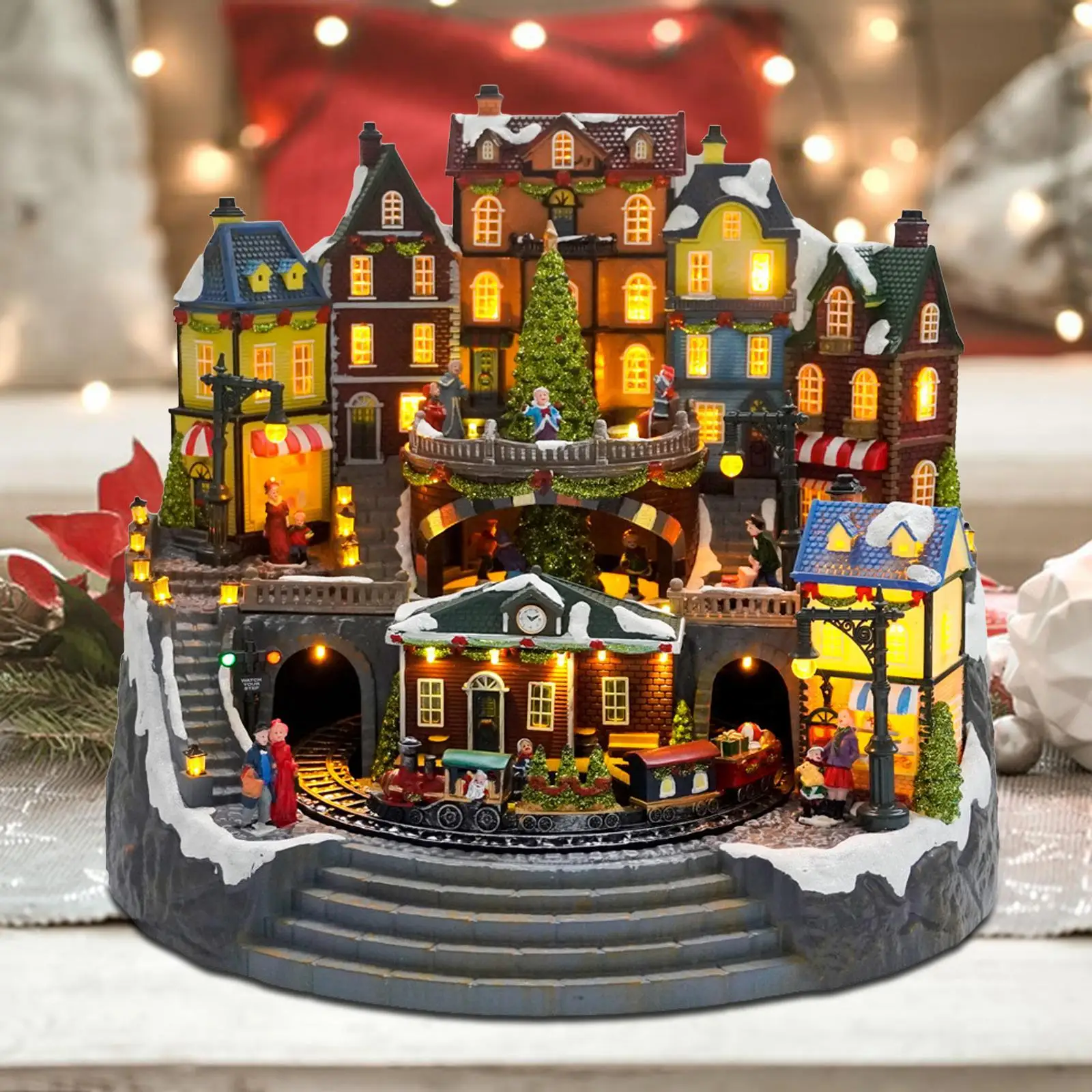 

Christmas Scene Village House LED Lighting Village with Rotating Train Christmas Scene House for Room Holiday Tabletop Indoor