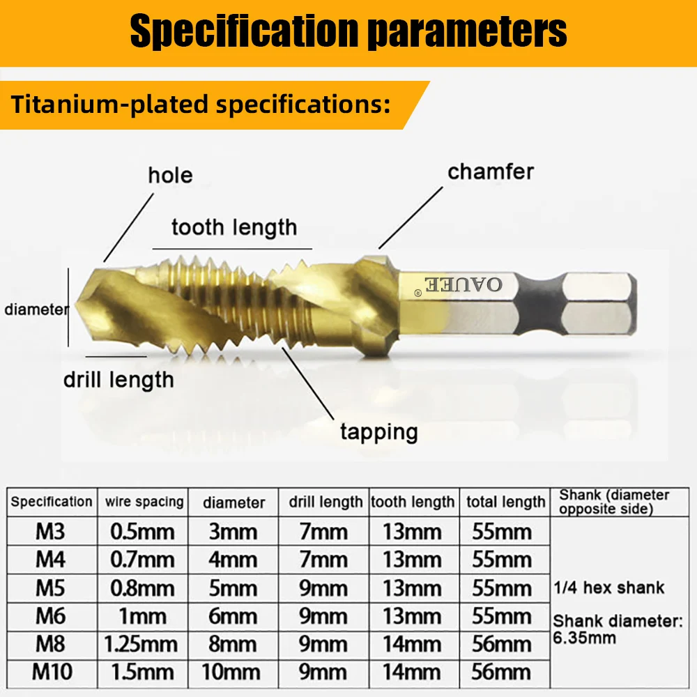 Oauee-Hex Shank Titanium Plated Screw Machine, Bits de rosca métrica, Composto Tap Set, Ferramenta de mão, M3, M4, M5, M6, M8, M10