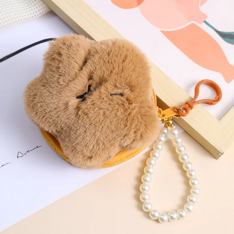 Creative Capybara Plush Bead Chain Coin Purse Kawaii Anime Plush Mini Coin Bag Girls Fashion Headphone Data Cable Storage Bag