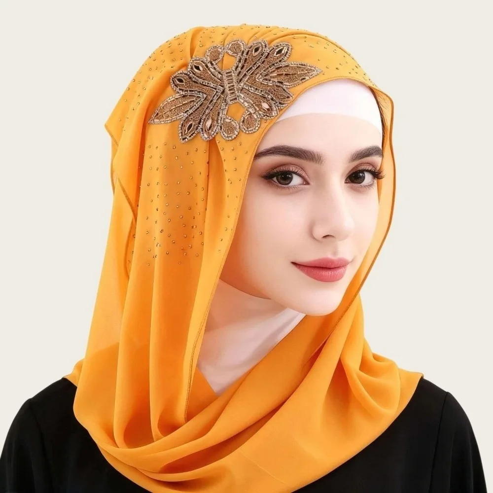 Shiny Chiffon Hijab Rhinestone Flower Decor Solid Color Head Wrap Turban Breathable Light Luxury Sequin Embellished Headscarf