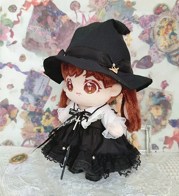 Cotton Doll fit 20cm size new little devil little witch pure black magic hat + mesh lace dress Halloween 2 set doll  clothes