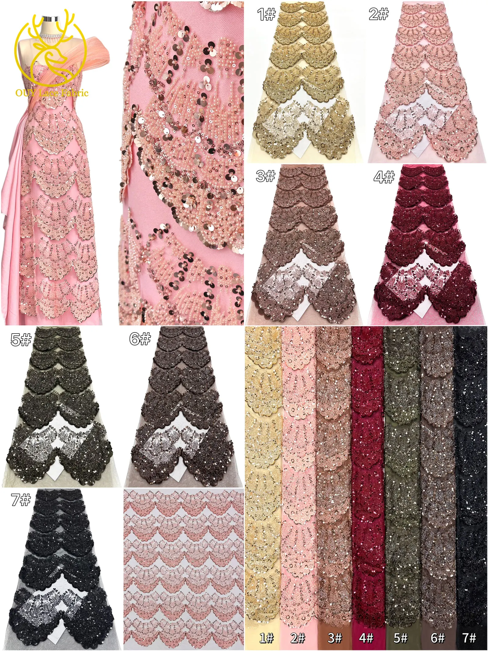 Eleganter DIY handgefertigter bestickter 3D-Spitzenstoff mit Perlen, afrikanischer Pailletten-Tüll, nigerianischer Hochzeitsstoff für Damen, 5 Yards – Detail 4