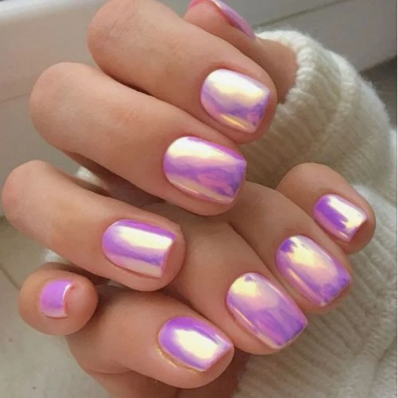 24 pçs wearable imprensa em unhas simples brilhante pó gradiente curto quadrado unhas falsas terminado azul cobertura completa ponta do prego unhas falsas