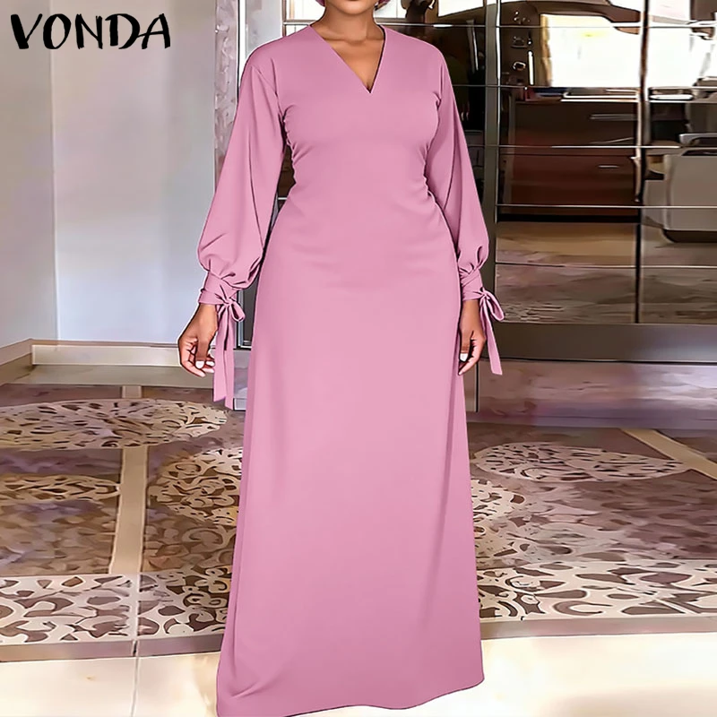 

Plus Size 5XL VONDA Women Elegant Long Sleeve Maxi Dresses 2026 Spring Fashion V-Neck Casual Solid Bandage Vestidos Party Robe