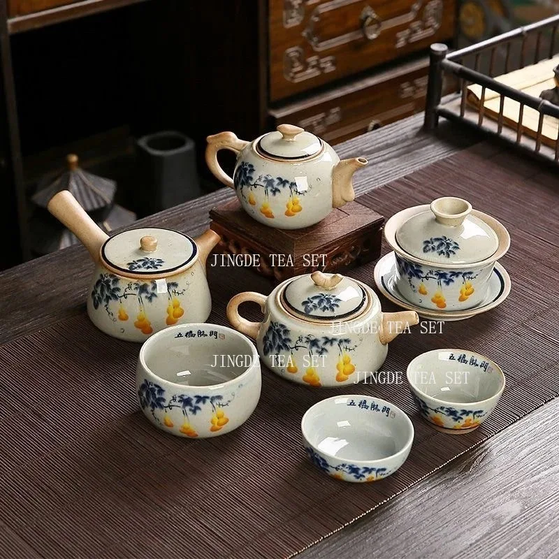 Coarse Pottery Side Handle Pot Chinese Hand-painted Teapot Gaiwan Home Kung Fu Tea Set Accessories Set Maintainable Teapot