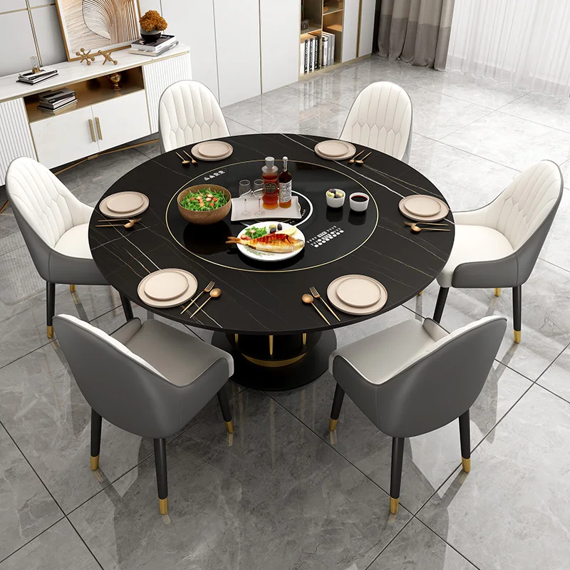 Customized Light Luxury Rock Plate Dining Table and Chair Combination Household Embedded Automatic Rotating