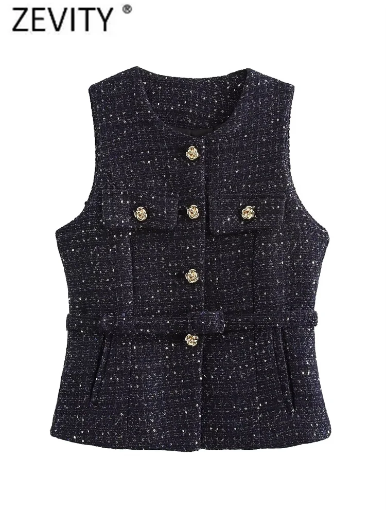 Zevity Women Vintage Sleeveless Sequined Sashes Texture Vest Jacket Ladies Retro Golden Buttons Cardigan WaistCoat Tops CT7314