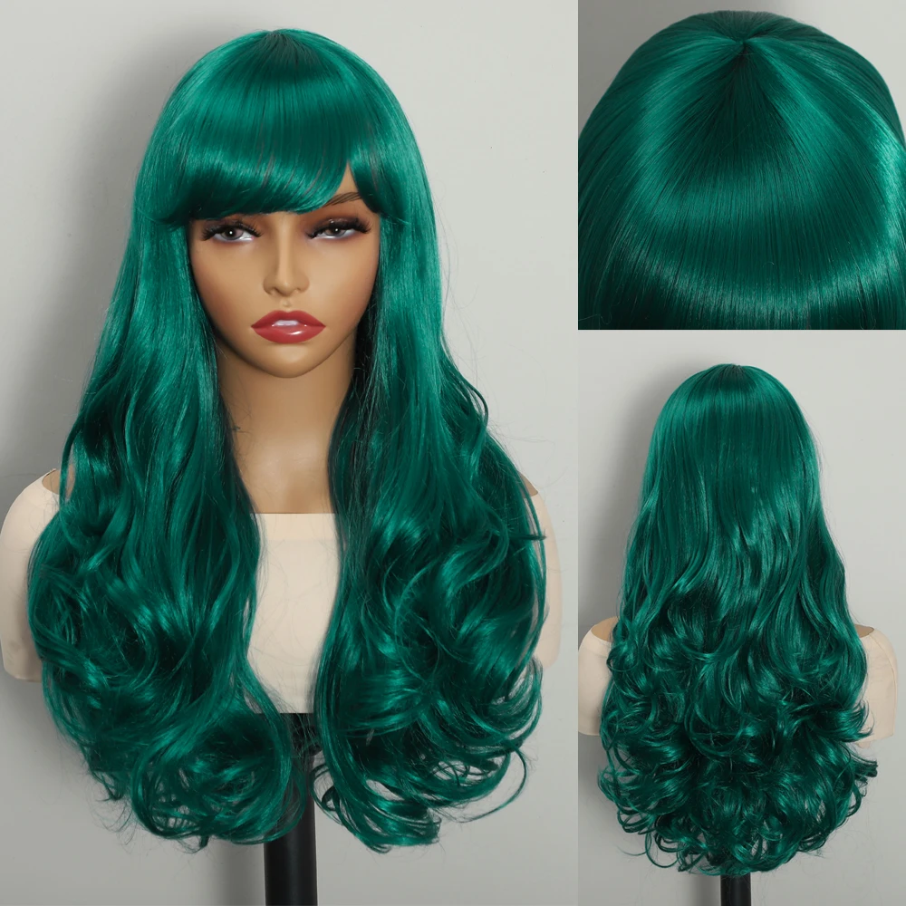 Long Green Synthetic Hair Wig with Bangs Heat Resistant Body Wave Cosplay Wig for Women Daily Costume Party
