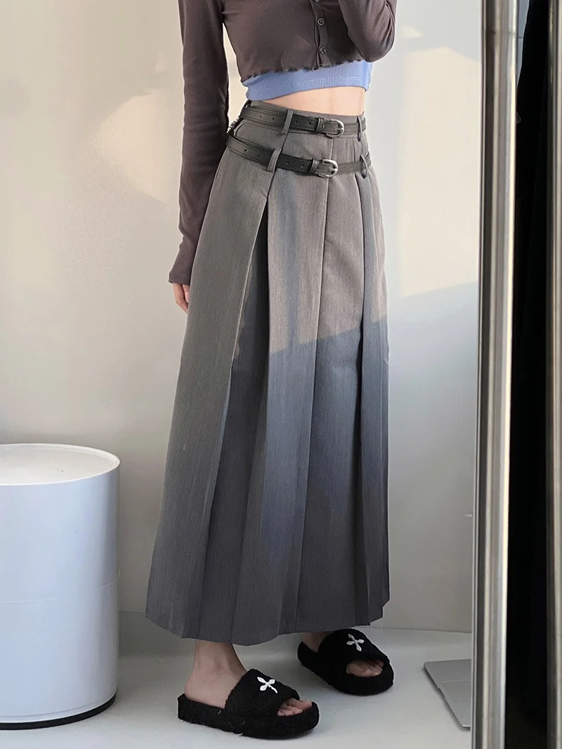 American Luxury High Waist Midi Skirt Double Belted Tailored Design A-Line Silhouette Slimming Hip Coverage Street Style Pure...