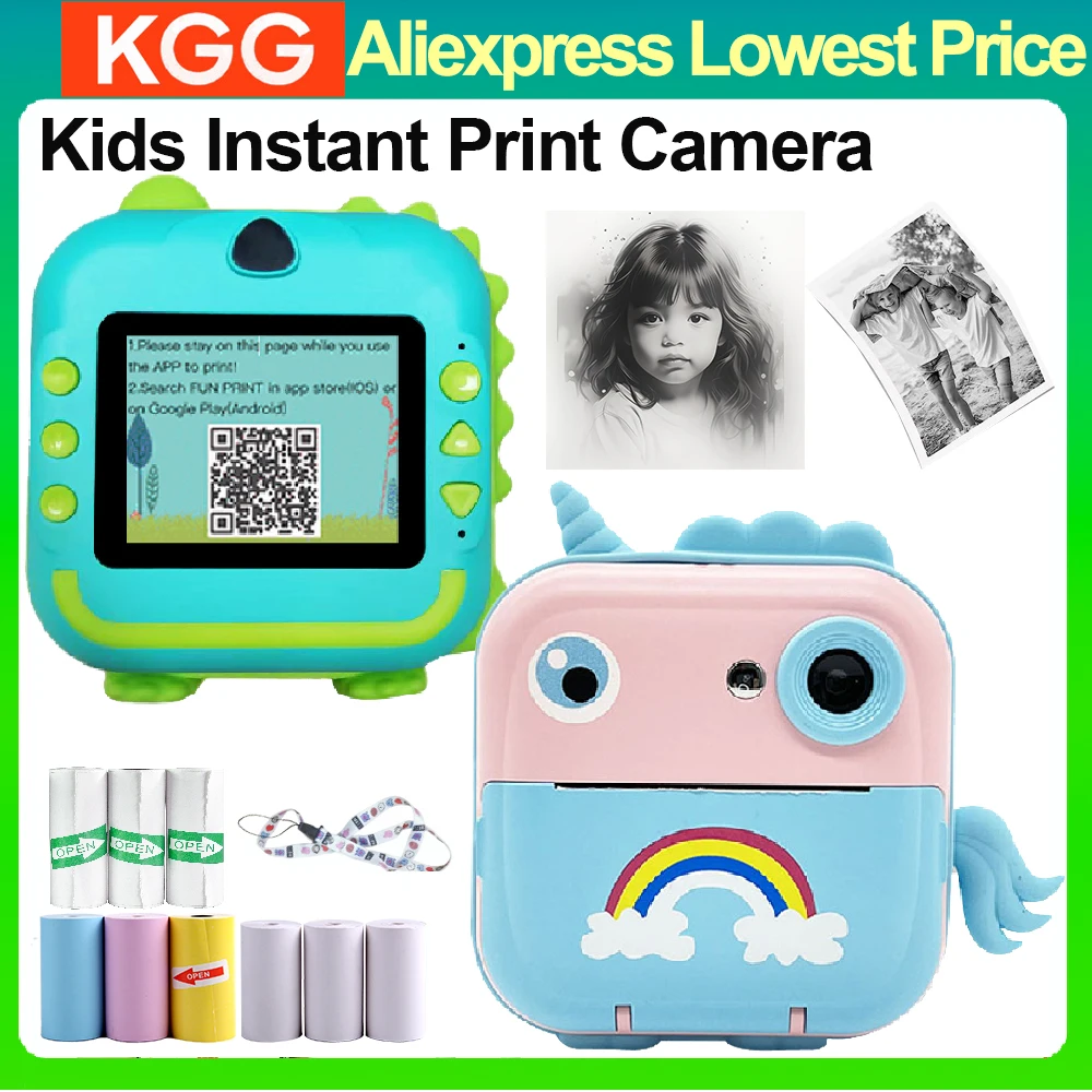 2.4Inch Kids Instant Camera Print Picture HD Digital Camera With Lanyard Children Toy Unicorn Toys Video Record Thermal Paper