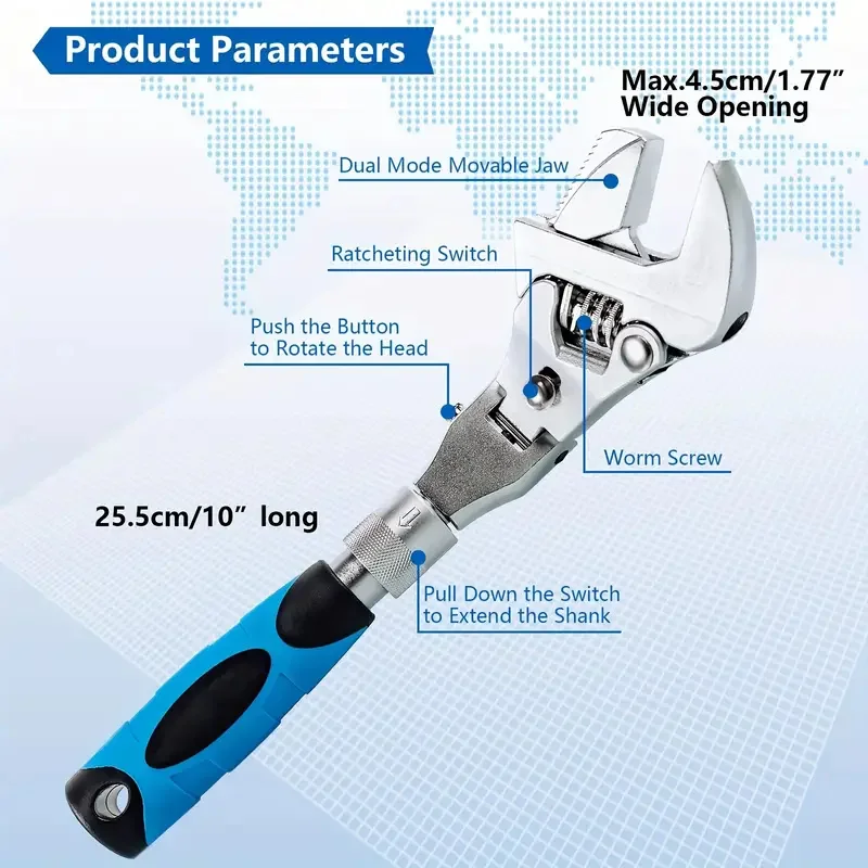 Ratchet Adjustable 10 Inch Wrench 5-In-1 Torque Wrench 180 Degree Folding Shaking Head Ratchet Wrench Household Repair Tools