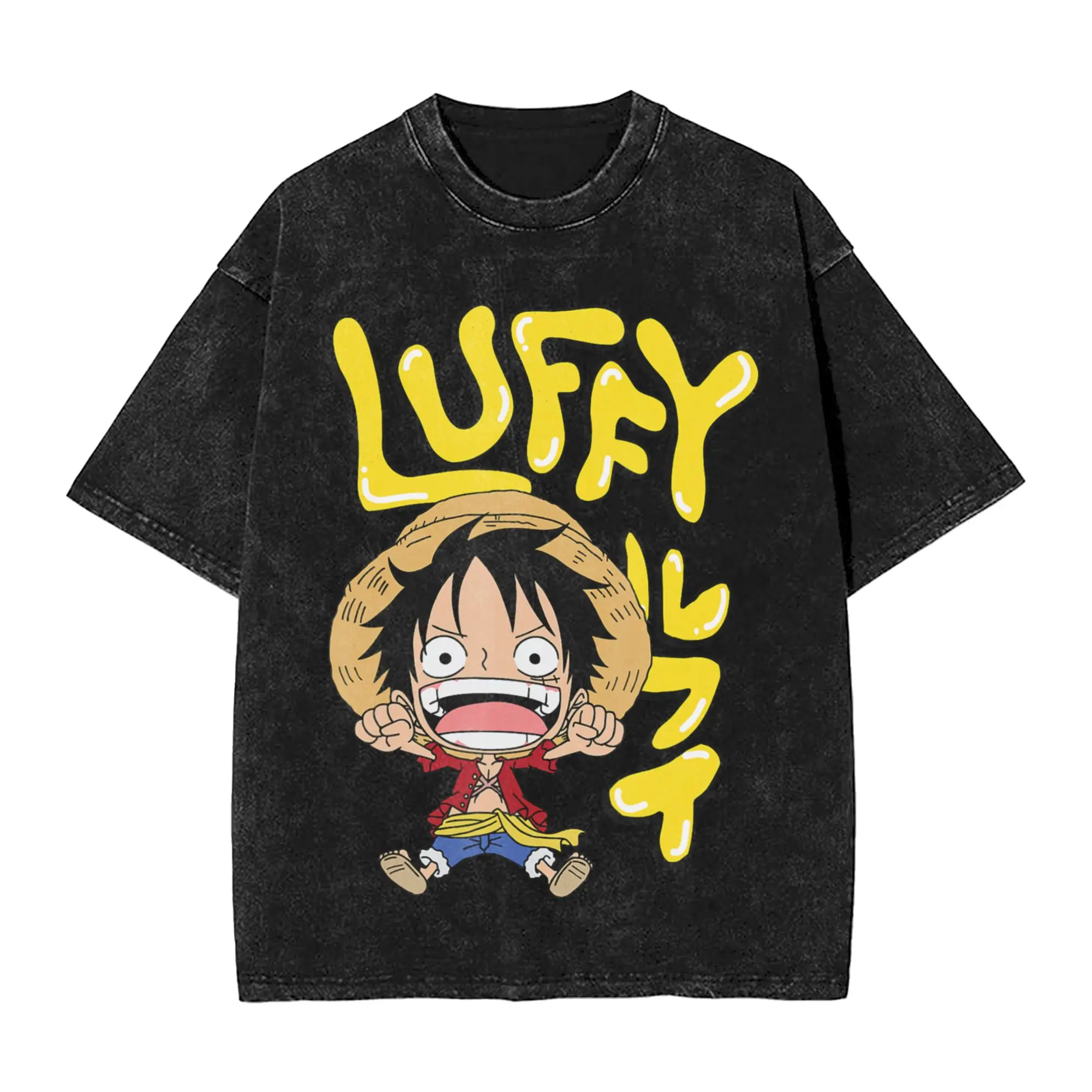 One Piece Anime Luffy Chibi with Bubble Letters Washed T Shirt Men Cotton T-Shirts Summer Crew Neck  Cool Tees   Big Size Tops