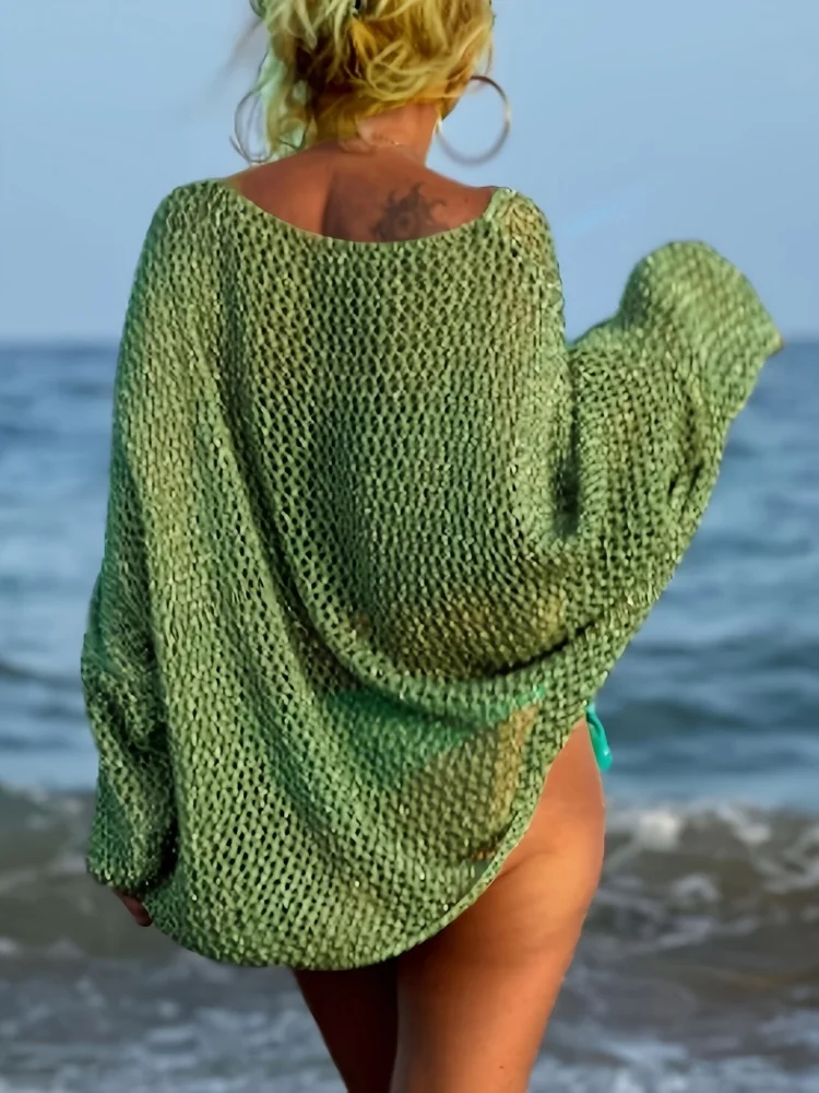 Europäische und amerikanische Übergrößen-Strandbluse für Damen im Urlaubsstil – sexy, ausgehöhltes Strick-Oberteil mit Taschen für Frauen – Detail 7