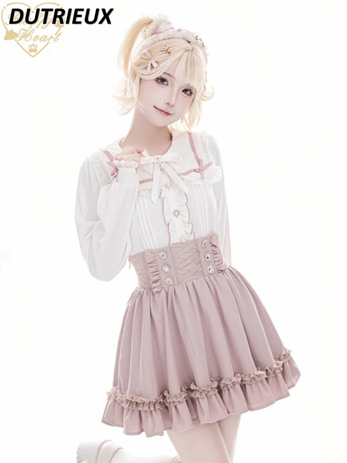 레이스 네이비 칼라 긴팔 셔츠, 다용도 싱글 브레스트 상의, 귀여운 단색, 일본 용수철 가을 신상