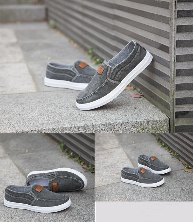 Sepatu kasual pria bersirkulasi kanvas Denim Sneakers pria berjalan datar musim semi musim panas ringan Slip-on sepatu loafer pria