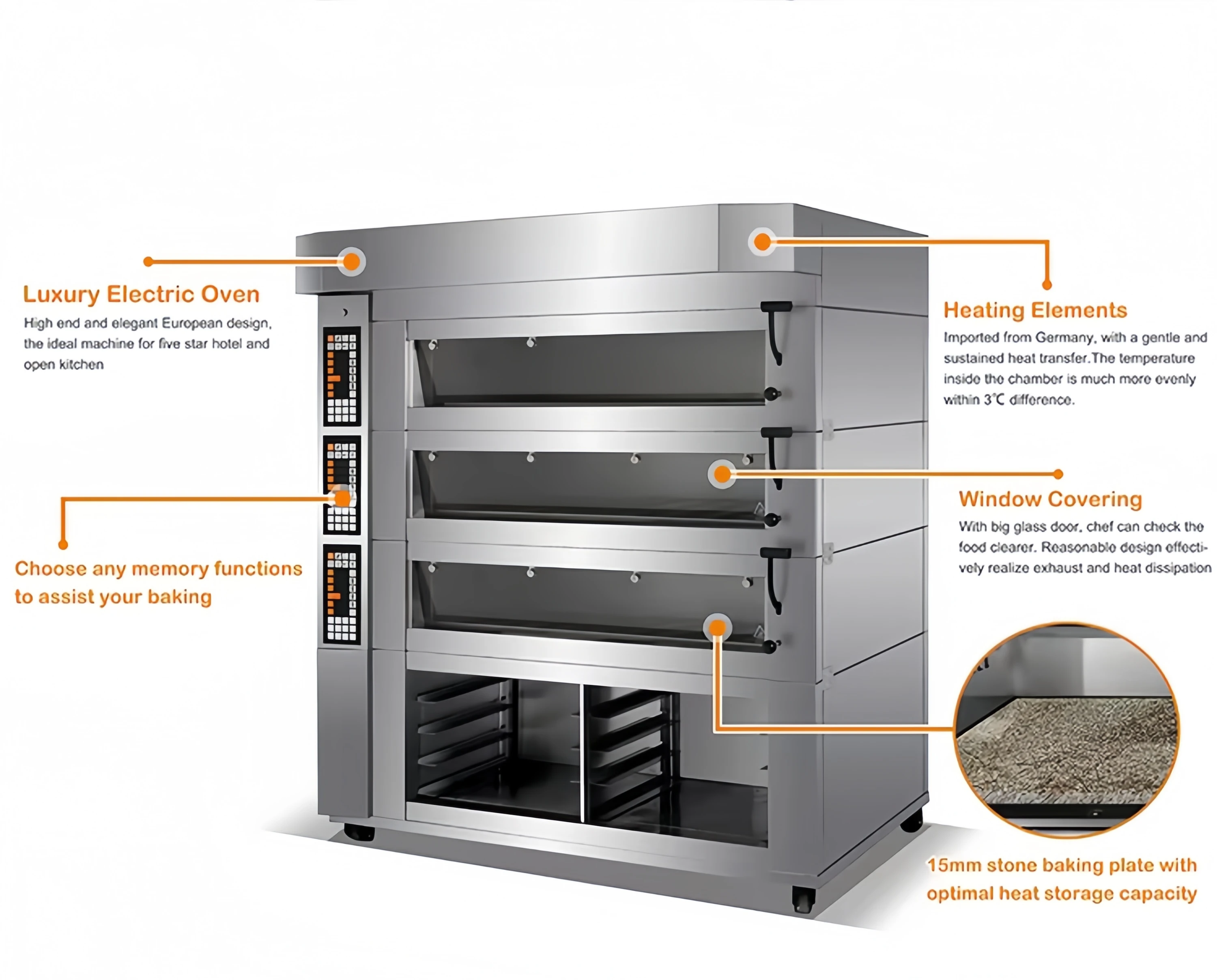 Electric 3 Deck 6 Tray Bakery Oven with Stone Base and Steam Function for Bakery Hotel Restaurant Use